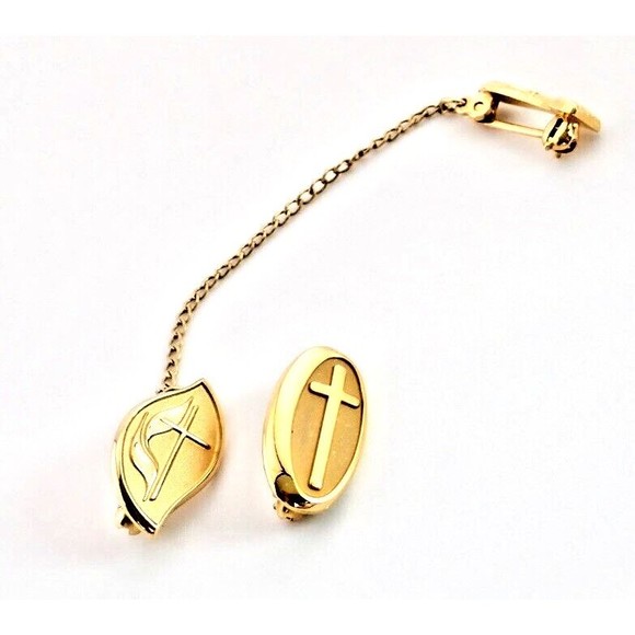 Gold Cross 10K 1/5 Leaf Tie Tack Set of 2 with Gold Tone Cross Leaf with Chain - Picture 2 of 9